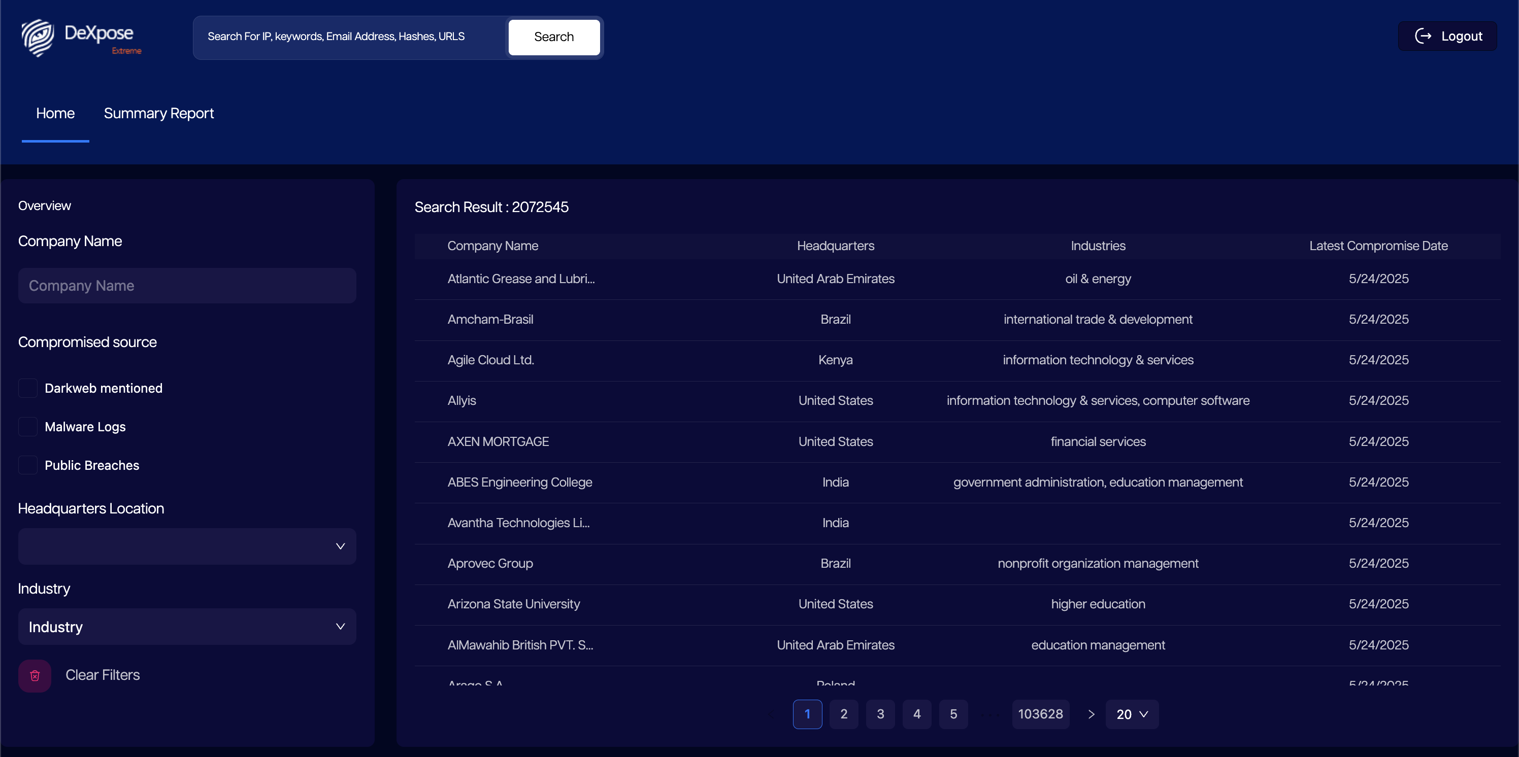 Company search interface showing filtering options